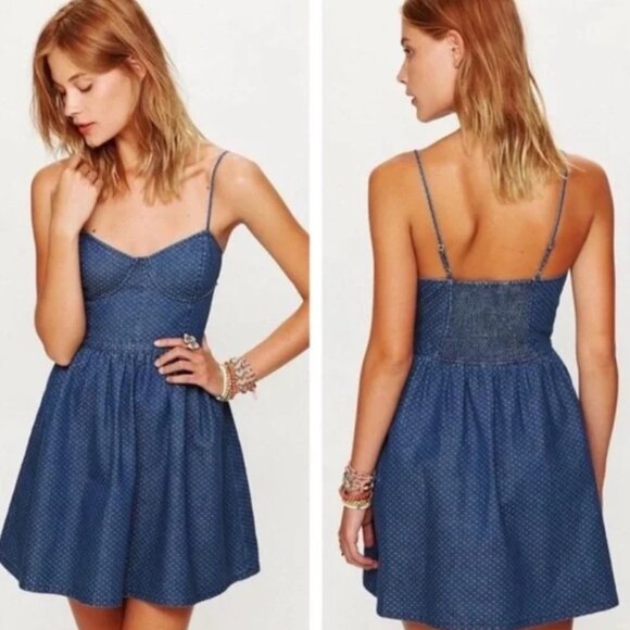 Free People Polka Dot Smocked Bustier Western Denim Mini Dress S - Picture 2 of 4